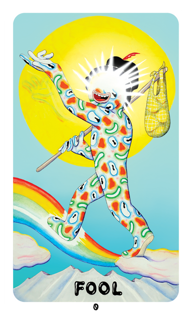 The Fool card from Dang Olsen Dream Tarot showing a joyful figure walking along a rainbow under a bright sun, rendered in vibrant psychedelic indie tarot artwork