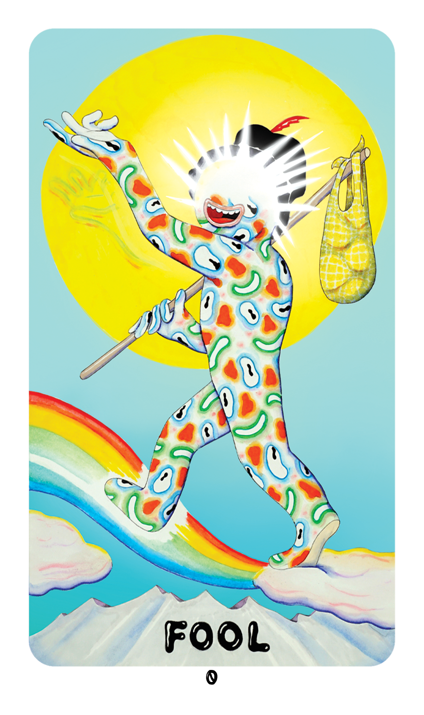 The Fool card from Dang Olsen Dream Tarot showing a joyful figure walking along a rainbow under a bright sun, rendered in vibrant psychedelic indie tarot artwork