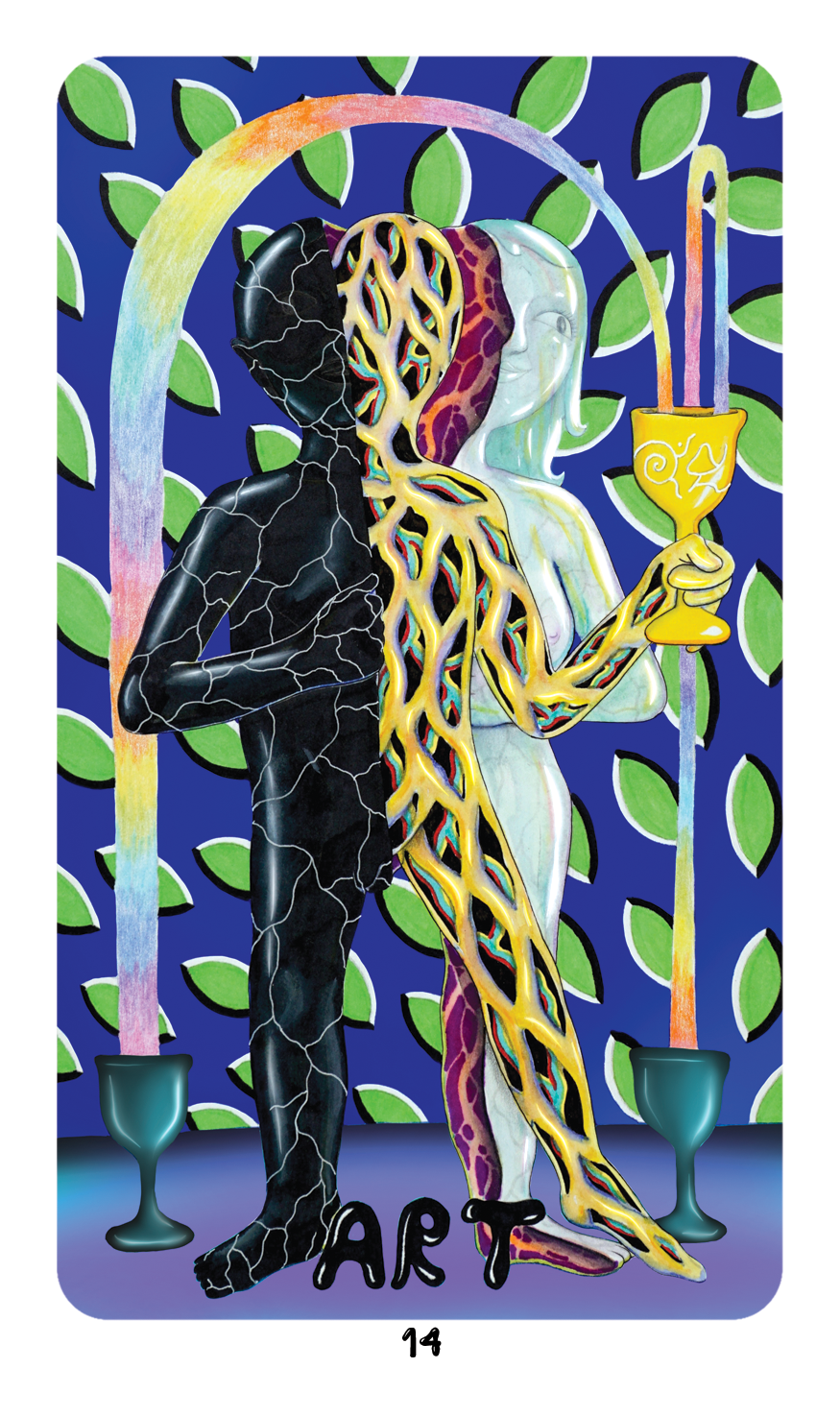 Art card from Dang Olsen Dream Tarot showing two merging figures symbolizing transformation and balance, expressed through intricate psychedelic tarot artwork