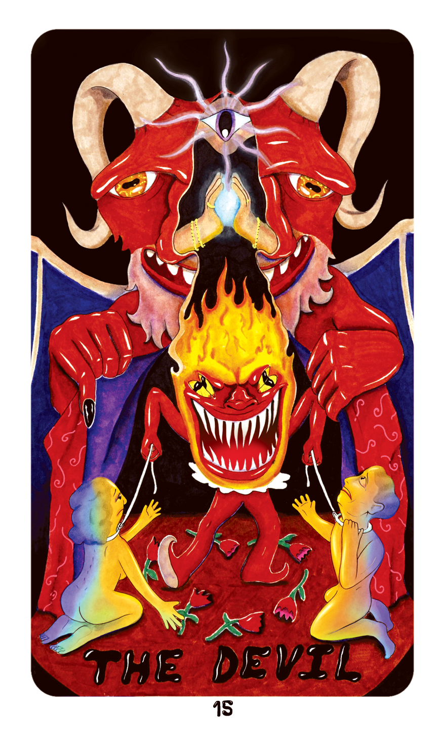The Devil card from Dang Olsen Dream Tarot featuring a fiery demonic figure manipulating smaller figures, rendered in bold, intense psychedelic indie tarot imagery