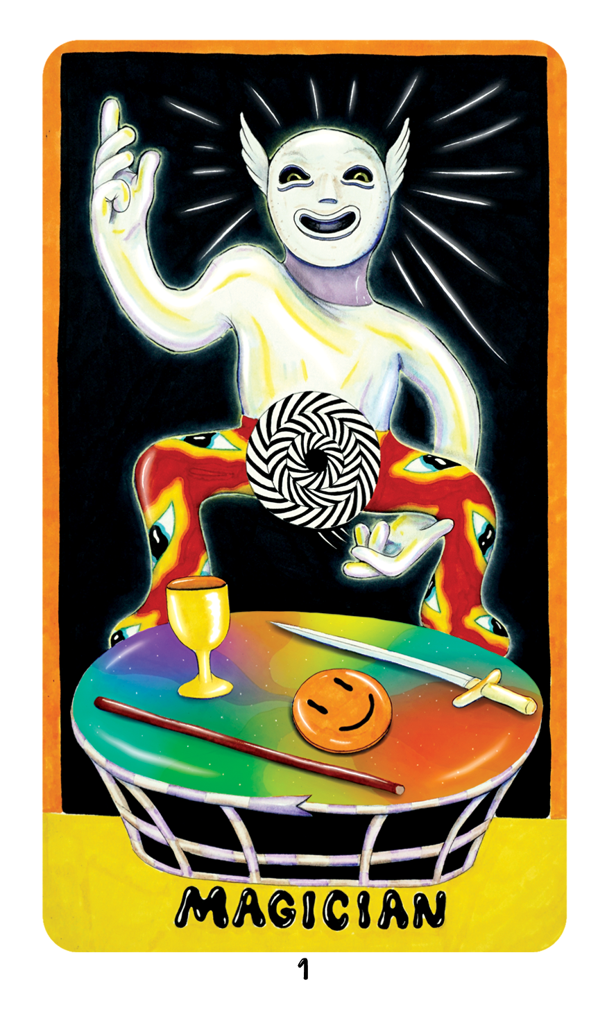 The Magician card from Dang Olsen Dream Tarot showing a radiant figure at a table of symbolic tools, blending humor and mysticism in a psychedelic indie tarot design