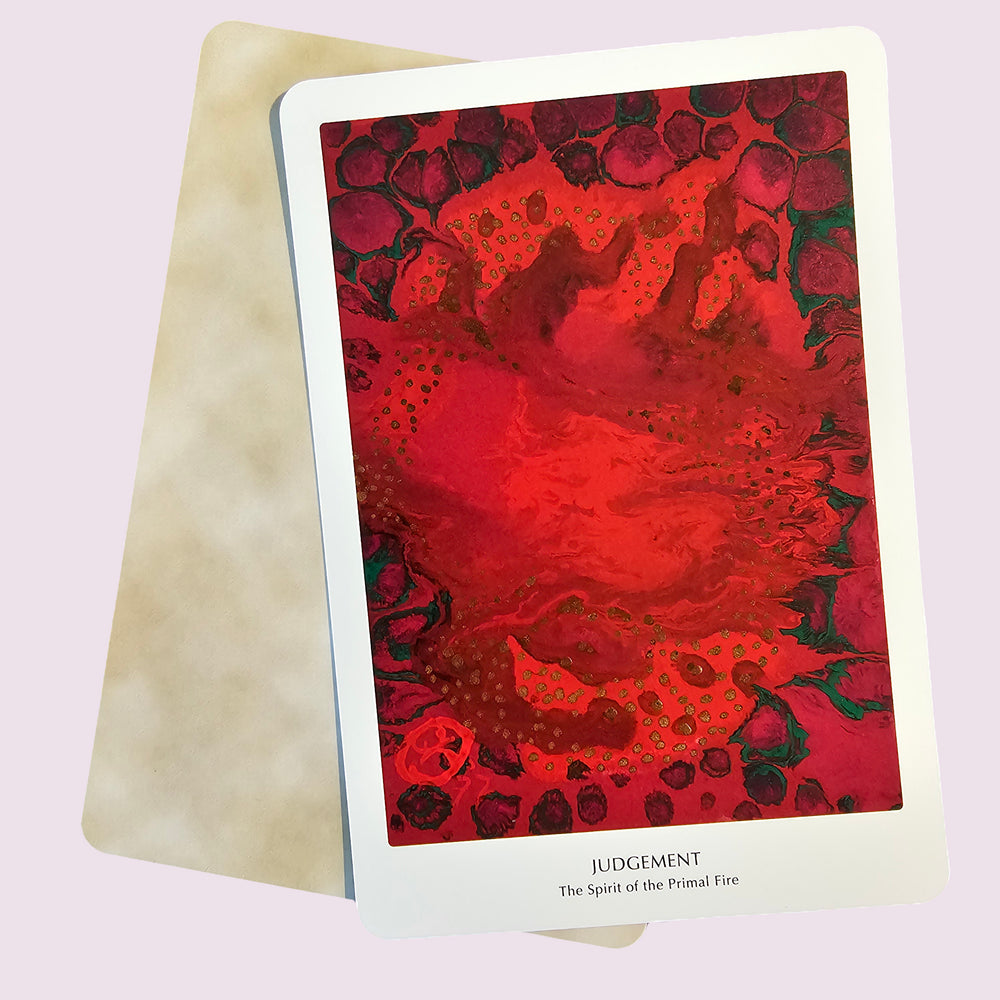 Tarot card with red and orange abstract design on a light pink background