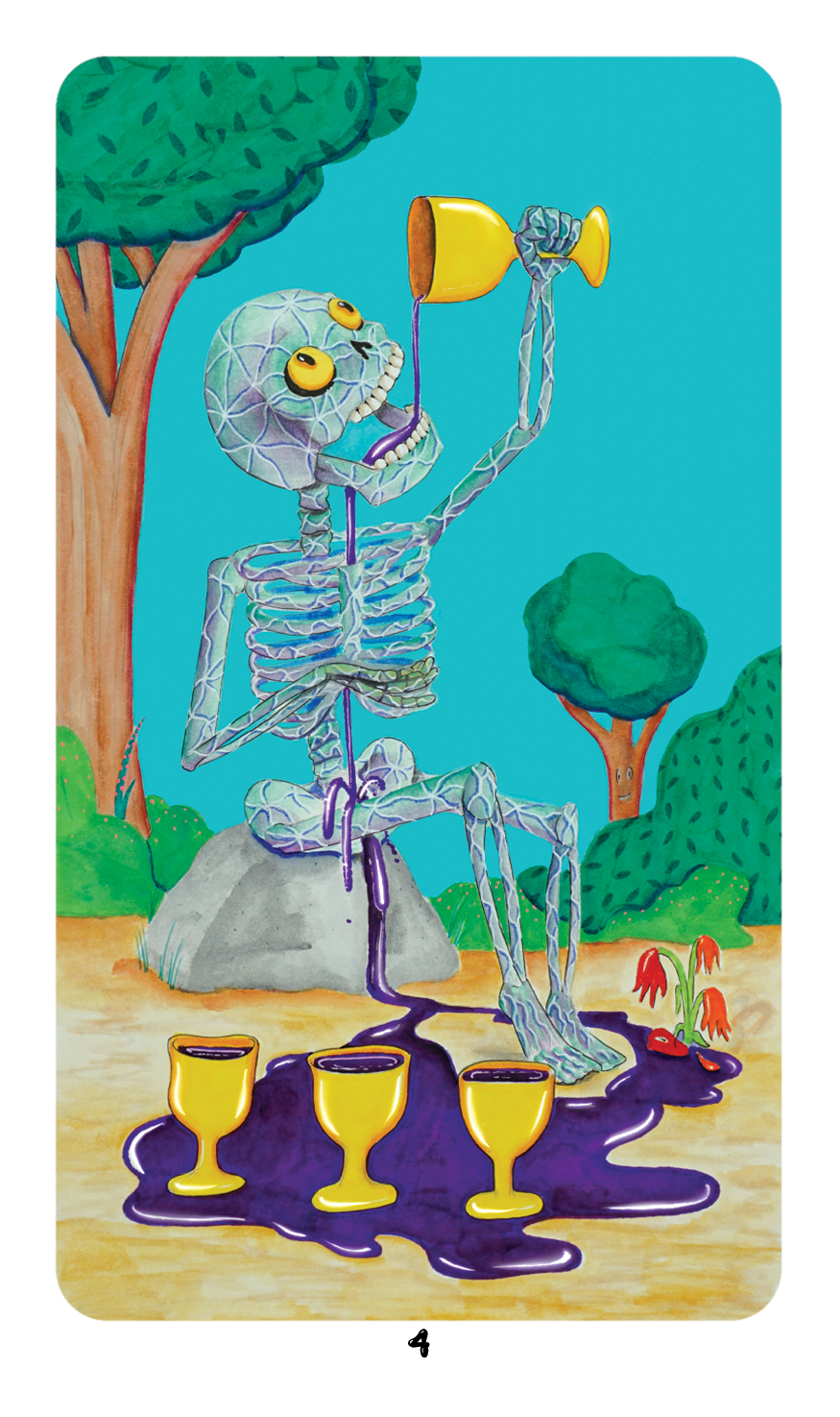 Four of Cups card from Dang Olsen Dream Tarot featuring a skeletal figure drinking from a cup, with surreal symbolism and vivid indie tarot artwork