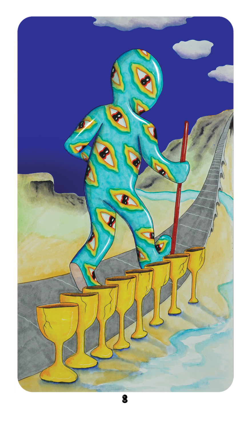 Eight of Cups from Dang Olsen Dream Tarot showing a figure walking along a path of golden cups, illustrated in a surreal and colorful psychedelic tarot style