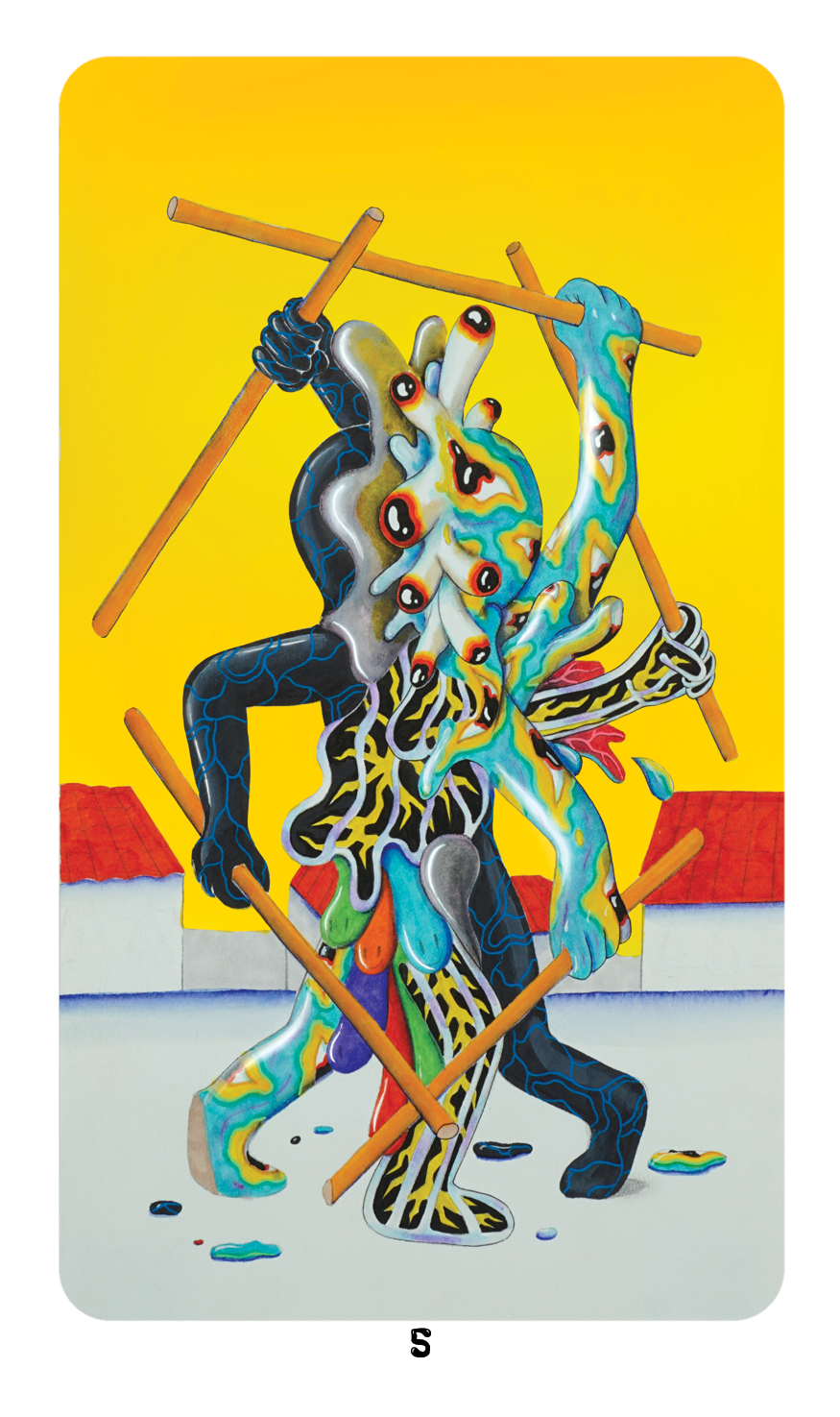 Five or Wands card from Dang Olsen Dream Tarot featuring intertwined abstract figures in tension, illustrated in bold, chaotic psychedelic tarot imagery