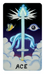 Ace card from Dang Olsen Dream Tarot featuring a glowing sword piercing a translucent figure, surrounded by surreal symbols in a psychedelic indie tarot style