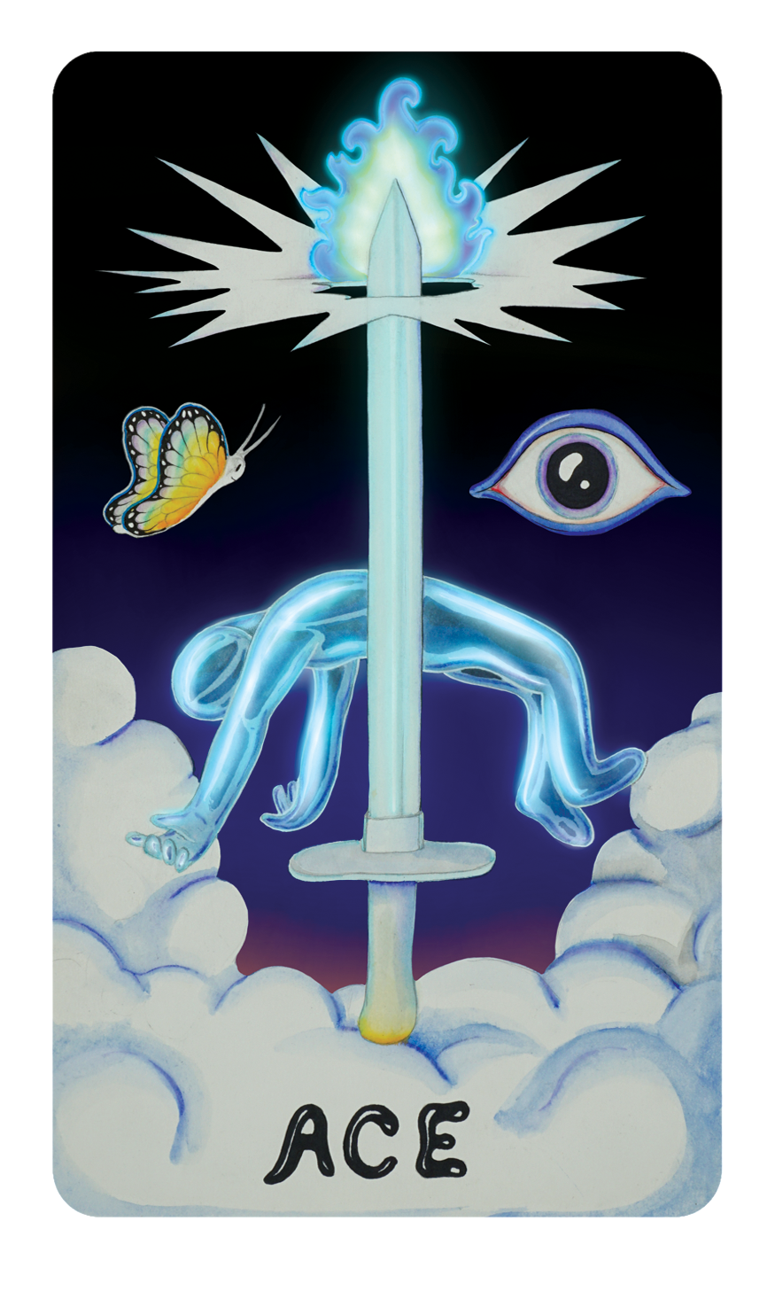 Ace card from Dang Olsen Dream Tarot featuring a glowing sword piercing a translucent figure, surrounded by surreal symbols in a psychedelic indie tarot style