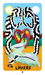 The Lovers card from Dang Olsen Dream Tarot showing two mirrored figures joined by a heart, with bold colors and symbolic surreal imagery in an indie tarot style