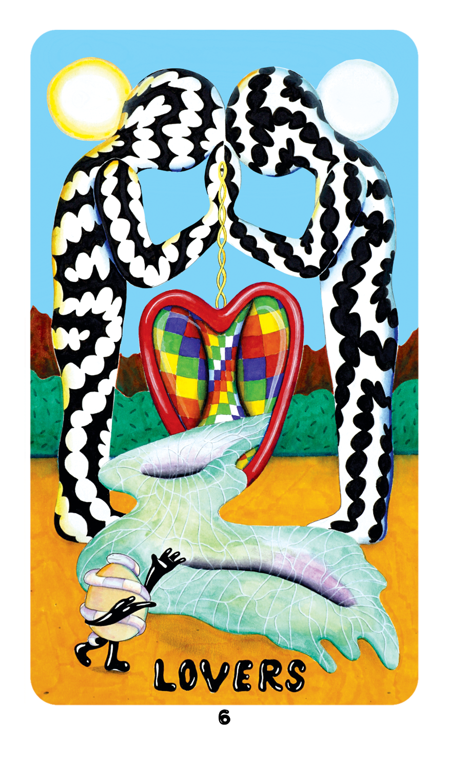 The Lovers card from Dang Olsen Dream Tarot showing two mirrored figures joined by a heart, with bold colors and symbolic surreal imagery in an indie tarot style