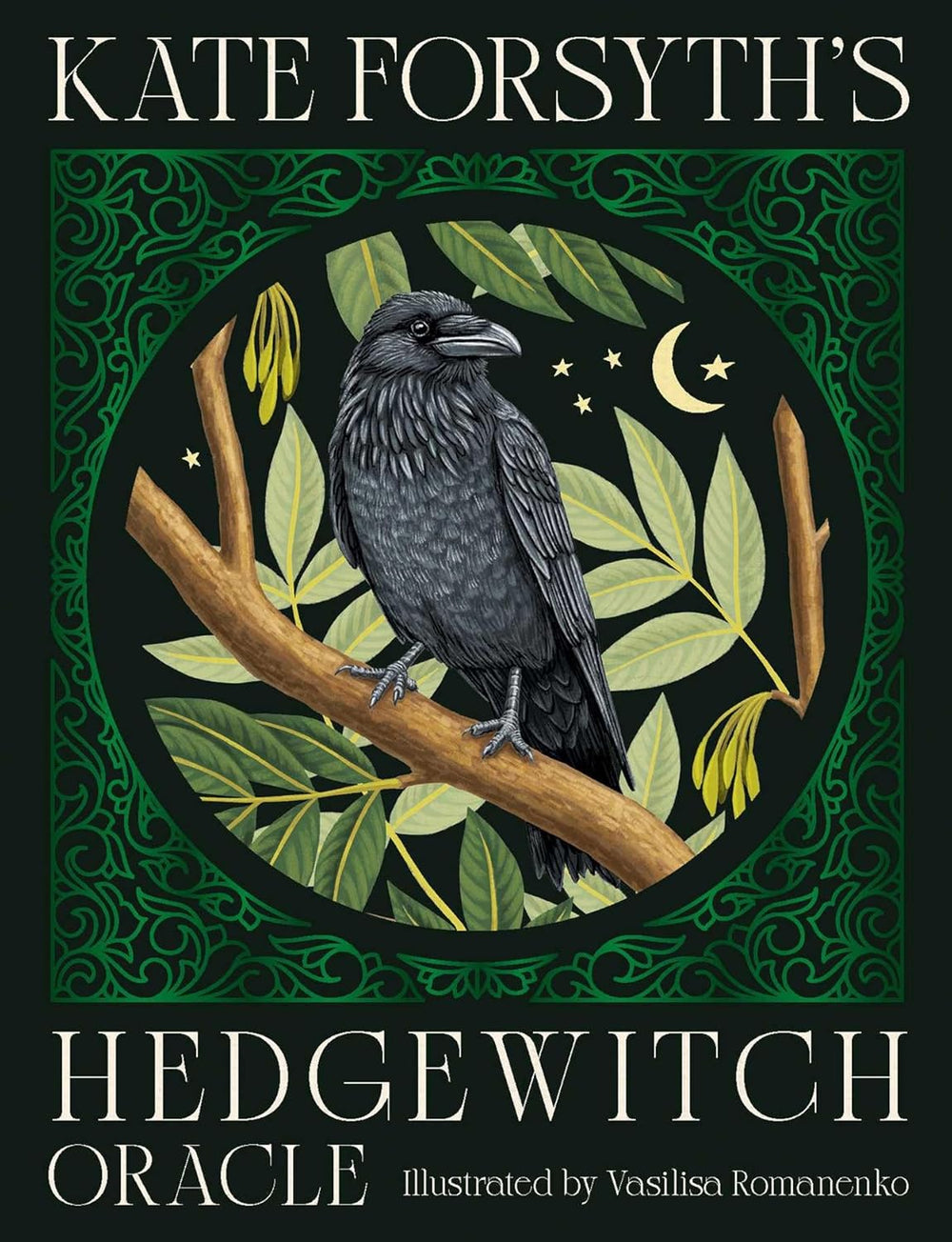 Cover artwork for Kate Forsyth’s Hedgewitch Oracle featuring a black crow perched on a branch beneath a crescent moon surrounded by green foliage.