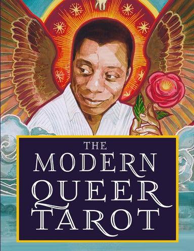 Cover of The Modern Queer Tarot hardcover book, featuring illustrated artwork in rich jewel tones with mirrored imagery and the title displayed prominently.