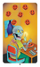 Eight of Pentacles  card from Dang Olsen Dream Tarot showing a skeleton painting smiley faces, combining playful and introspective themes in psychedelic tarot imagery
