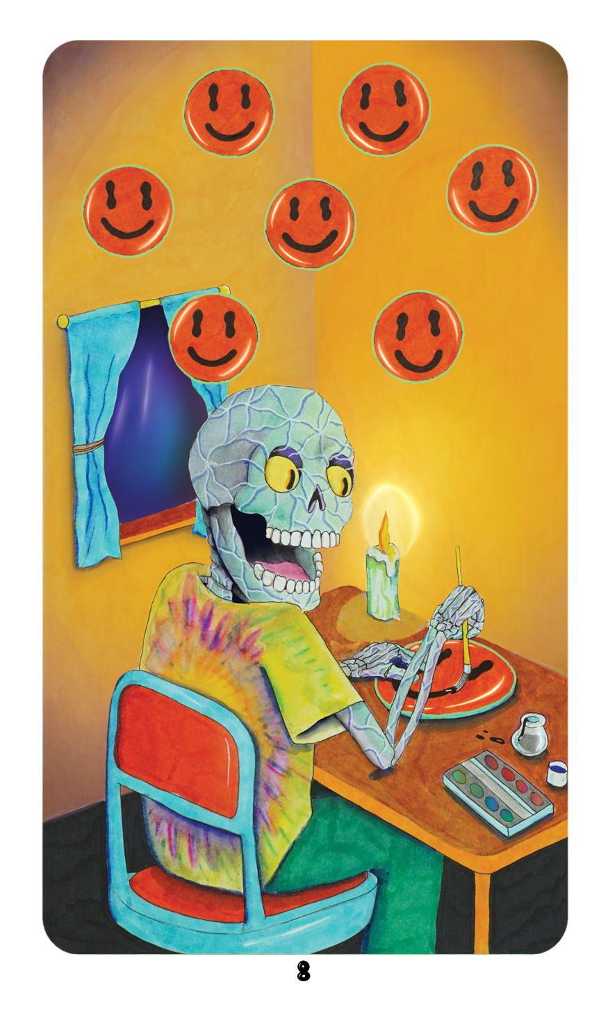 Eight of Pentacles  card from Dang Olsen Dream Tarot showing a skeleton painting smiley faces, combining playful and introspective themes in psychedelic tarot imagery