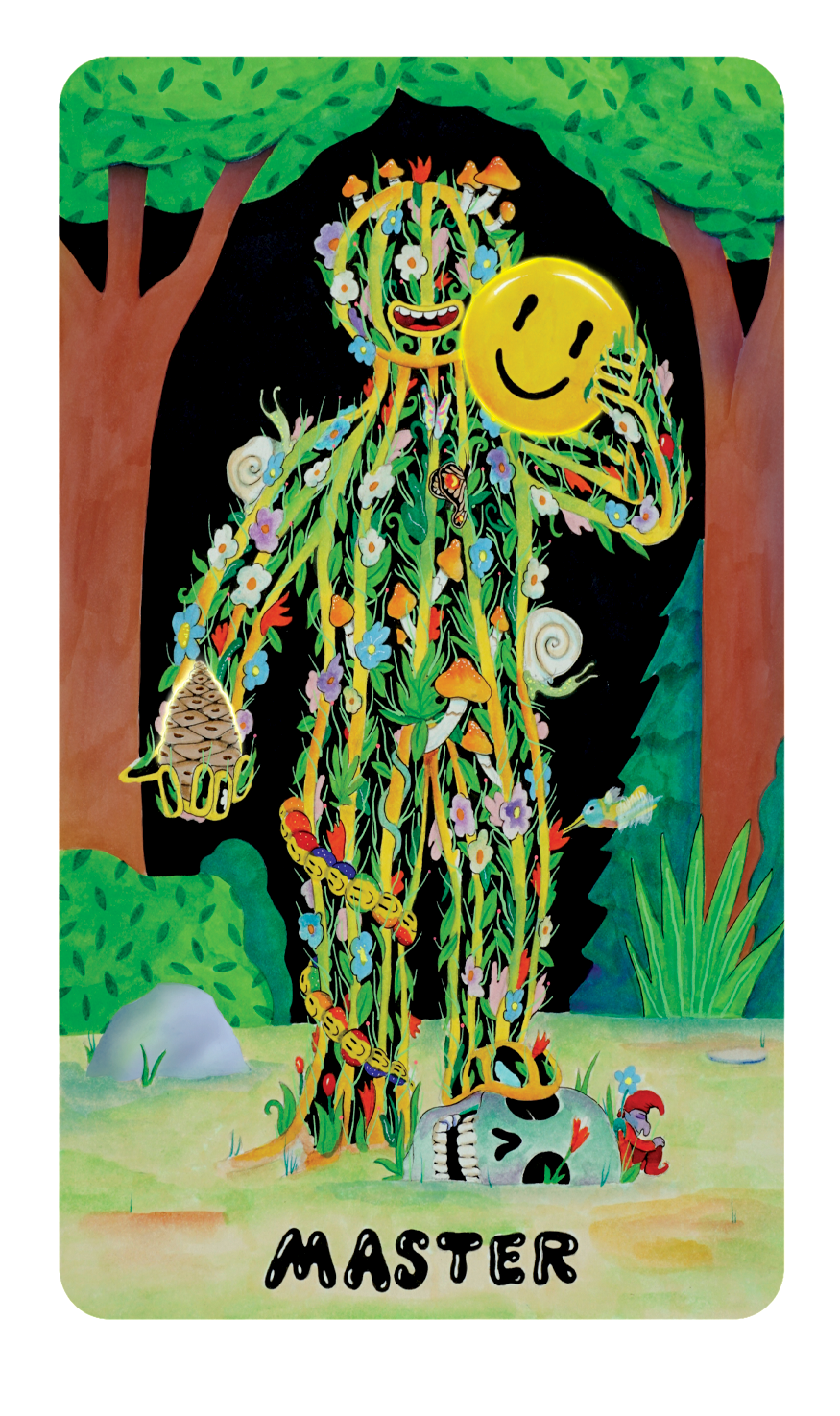 Master court card from Dang Olsen Dream Tarot depicting a figure formed from plants and flowers, representing growth and integration in a symbolic indie tarot system