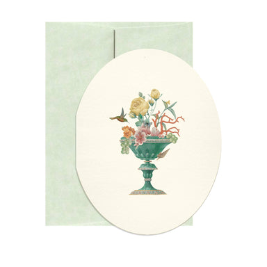Jade Vanitas oval die-cut greeting card featuring vanitas still life artwork on cream white paper
