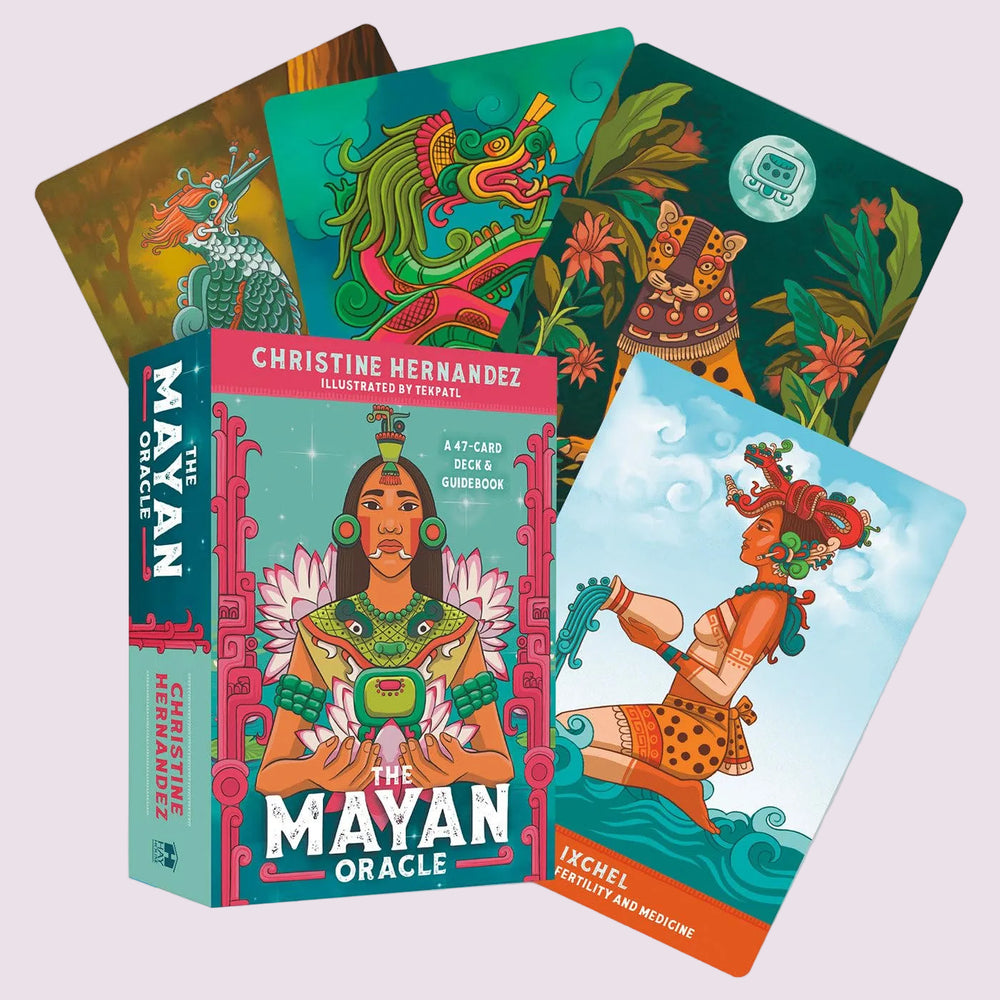 The Mayan Oracle boxed deck displayed with vibrant sample cards featuring Mayan deities, sacred animals, and ceremonial symbolism in bold contemporary artwork.