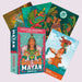 The Mayan Oracle boxed deck displayed with vibrant sample cards featuring Mayan deities, sacred animals, and ceremonial symbolism in bold contemporary artwork.