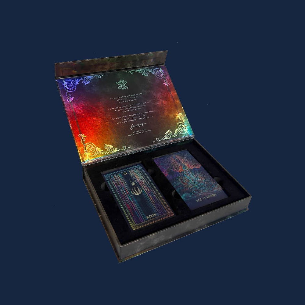 holographic oracle cards Crystal Portal Oracle Card Deck Practical Magic Store minimalist tarot deck featuring intricate hand drawn images and simple holographic back. holographic tarot cards sold on