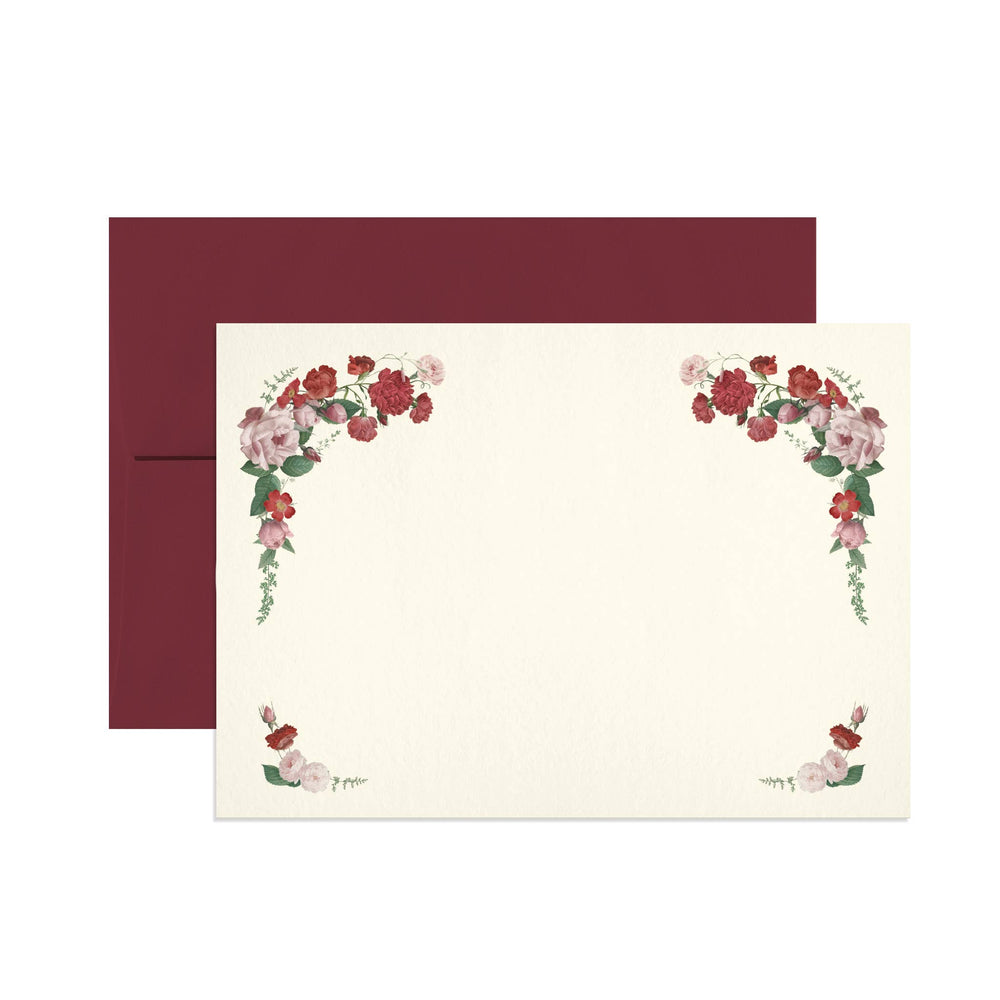 Open Sea rose notecard set featuring vintage-style floral artwork and red envelopes