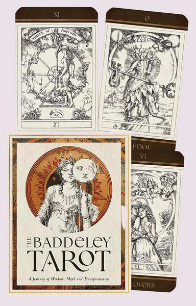 A collection of 3 cards from the Baddeley Tarot with the keepsake box