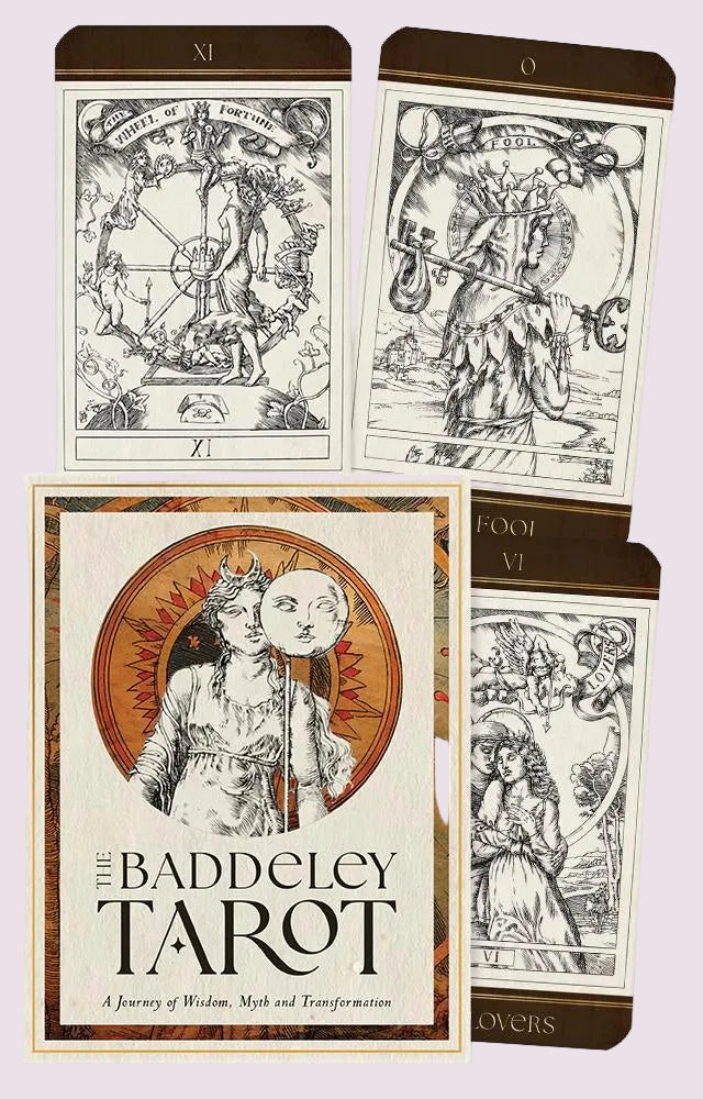 A collection of 3 cards from the Baddeley Tarot with the keepsake box