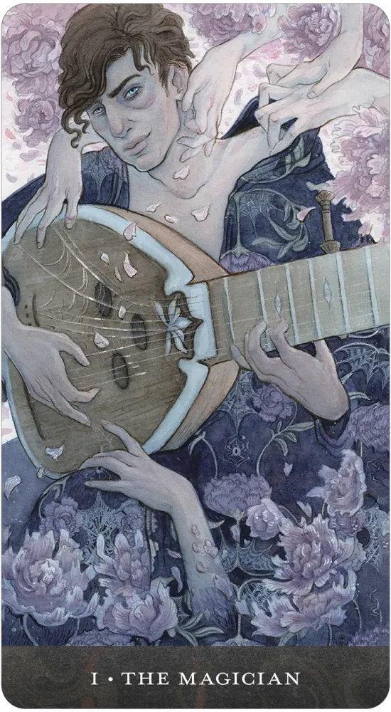 The Magician card from the Blood Moon Tarot, showing a figure playing a stringed instrument surrounded by floral and flowing imagery.