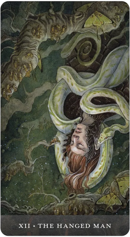 The Hanged Man card from the Blood Moon Tarot, depicting a figure suspended among branches, serpents, and bees in a forested scene.