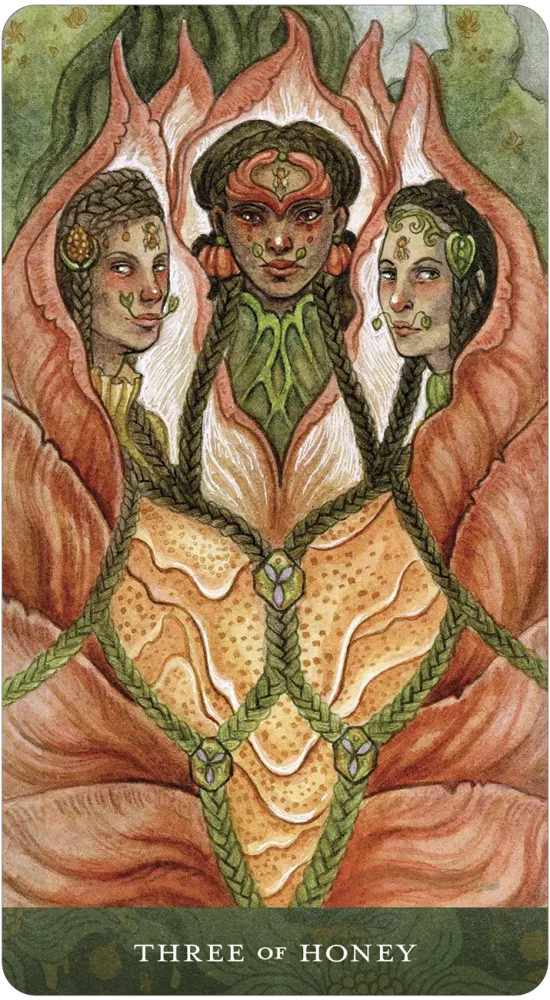 Three of Honey card from the Blood Moon Tarot, showing three figures framed within a honeycomb-like form, rendered in natural hues.
