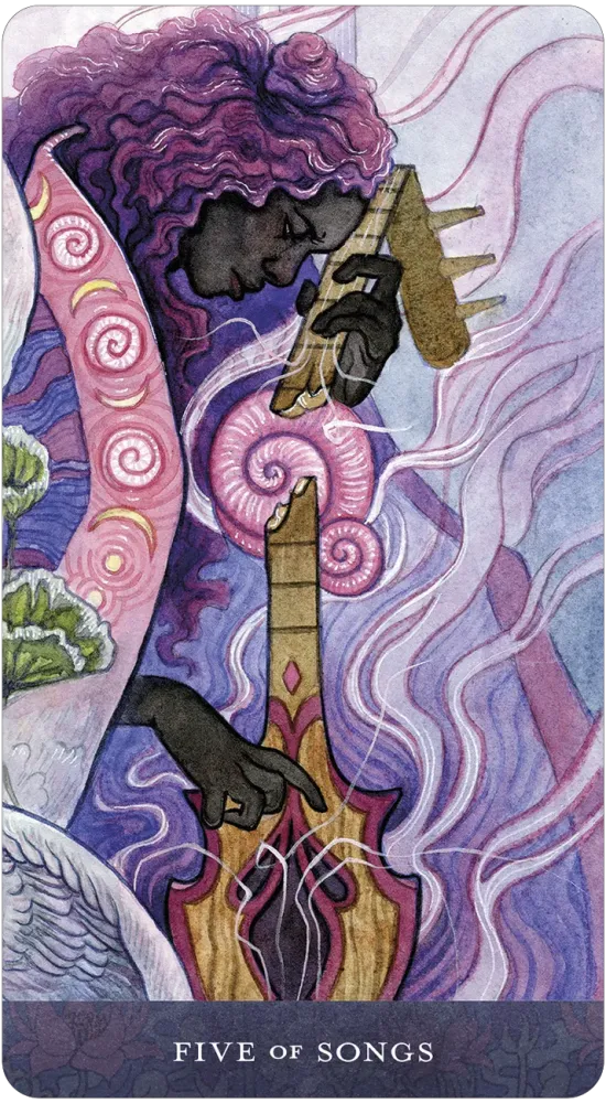 Five of Songs card from the Blood Moon Tarot, featuring a figure playing a broken stringed instrument surrounded by swirling forms and color.