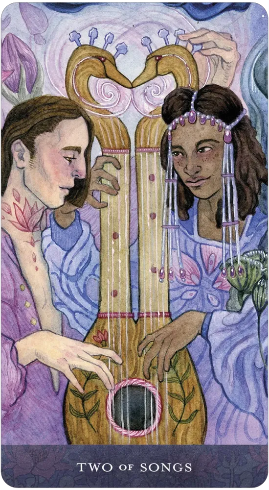 Two of Songs card from the Blood Moon Tarot, depicting two figures playing a stringed instrument together in a soft, expressive illustration.