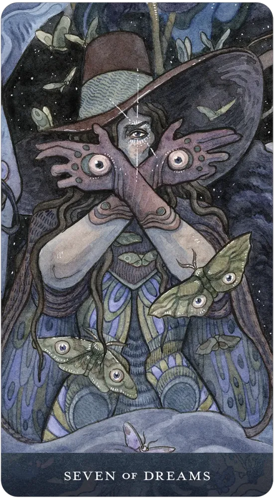 Seven of Dreams card from the Blood Moon Tarot, showing a figure surrounded by moths and night imagery in a dreamlike illustrated style.