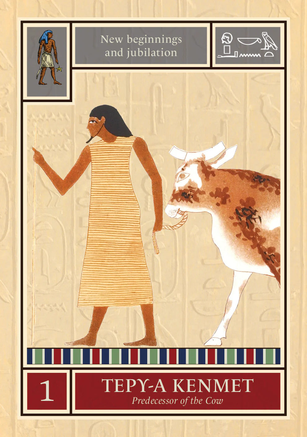 Tepy-a Kenmet oracle card showing figure and cow based on ancient Egyptian imagery