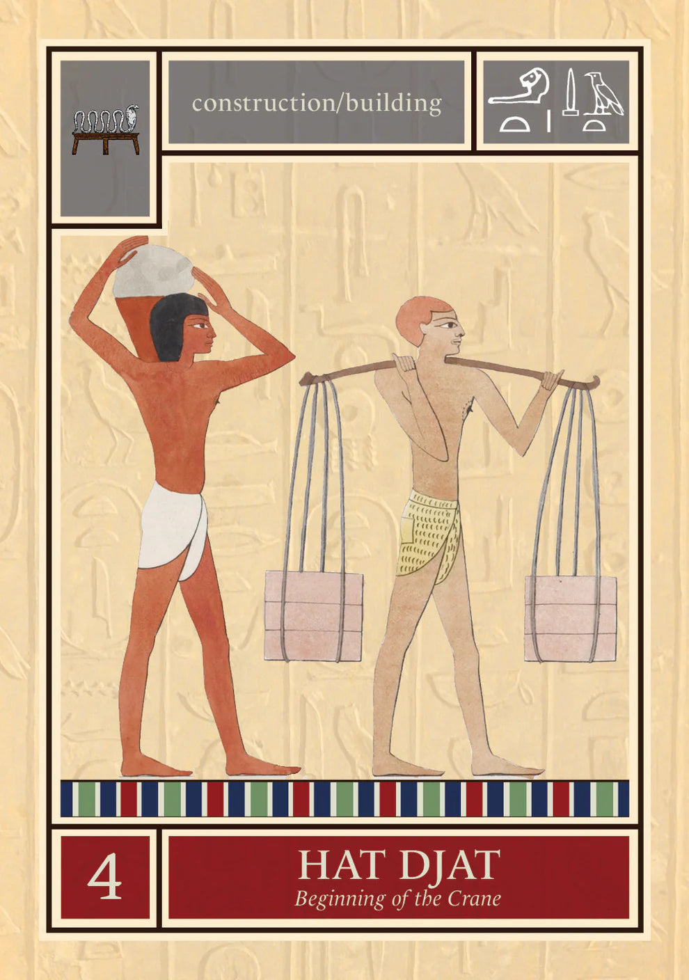 Hat Djat oracle card depicting construction and labor inspired by ancient Egyptian reliefs