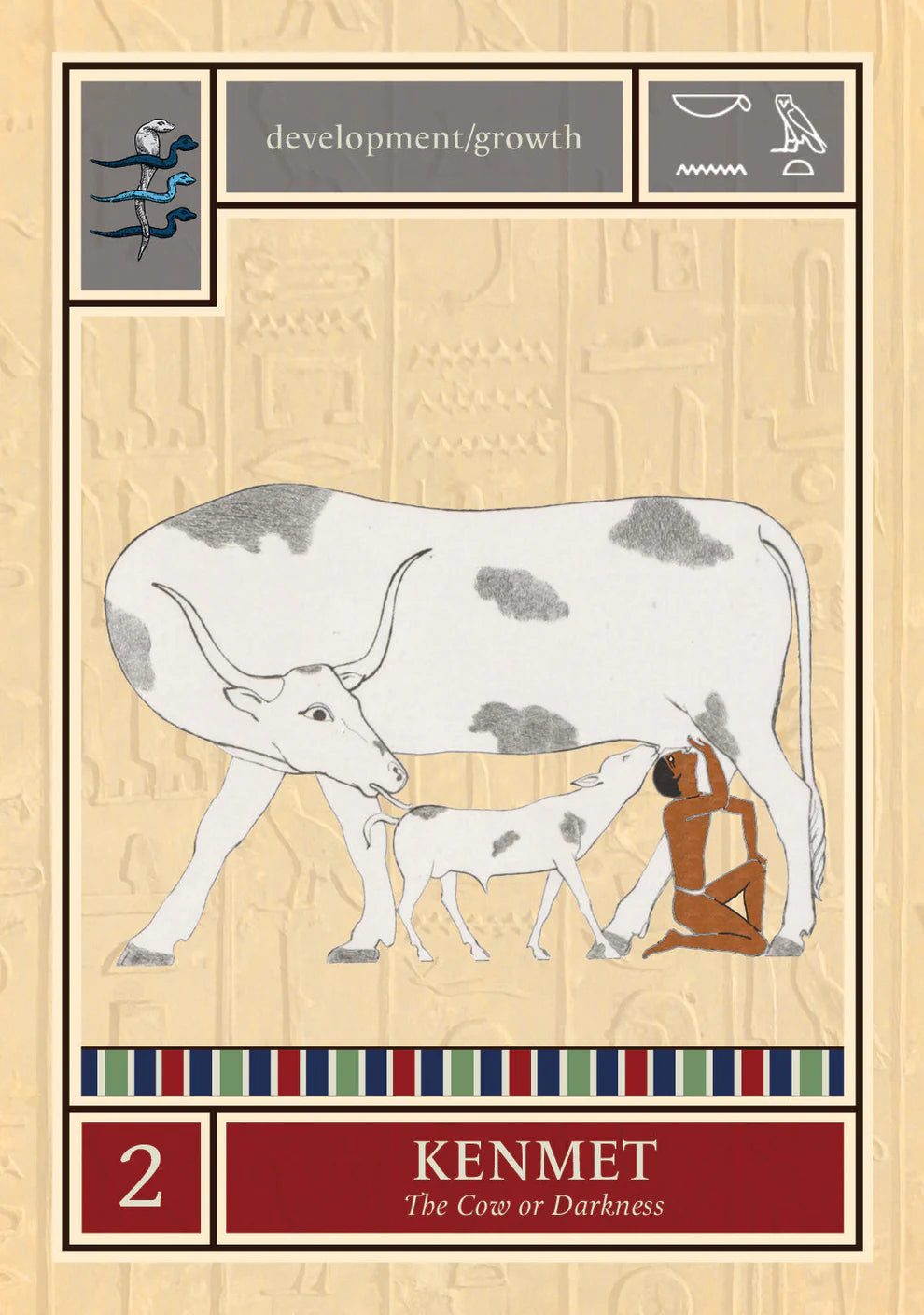 Tepy-a Kenmet oracle card showing figure and cow based on ancient Egyptian imagery