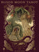 Book cover of 'Blood Moon Tarot' with an illustration of a figure holding fruits on a dark red background.
