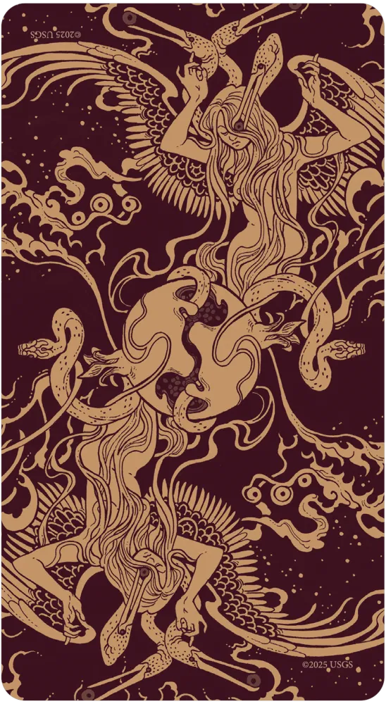 Back design of the Blood Moon Tarot cards, featuring a symmetrical illustration in burgundy and gold with winged figures and flowing linework.