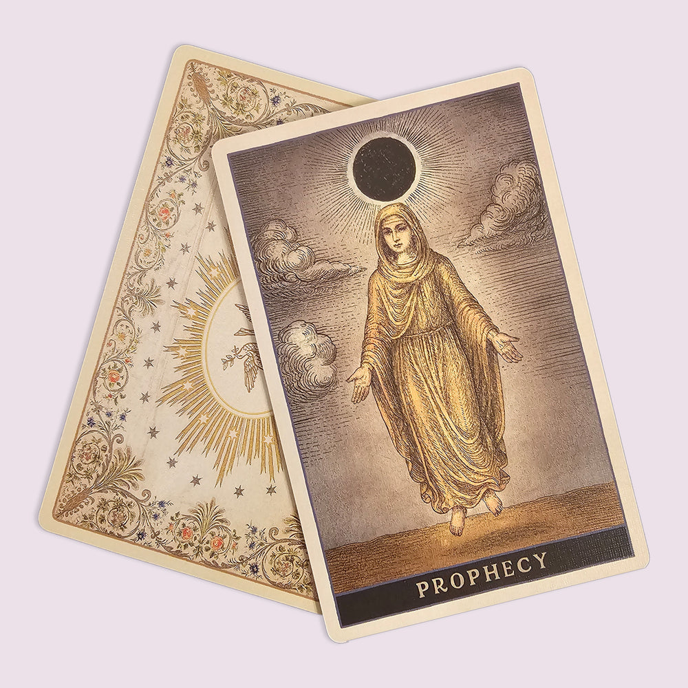 Codex The Art of Divination “Prophecy” card depicting robed figure beneath dark eclipse with detailed linework