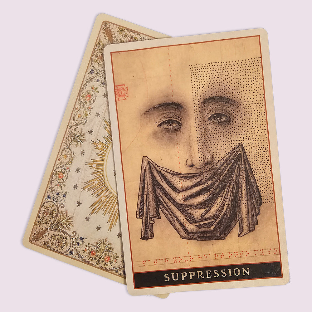 Codex The Art of Divination “Suppression” card showing a veiled face illustration with dotted halftone shading and linen finish texture
