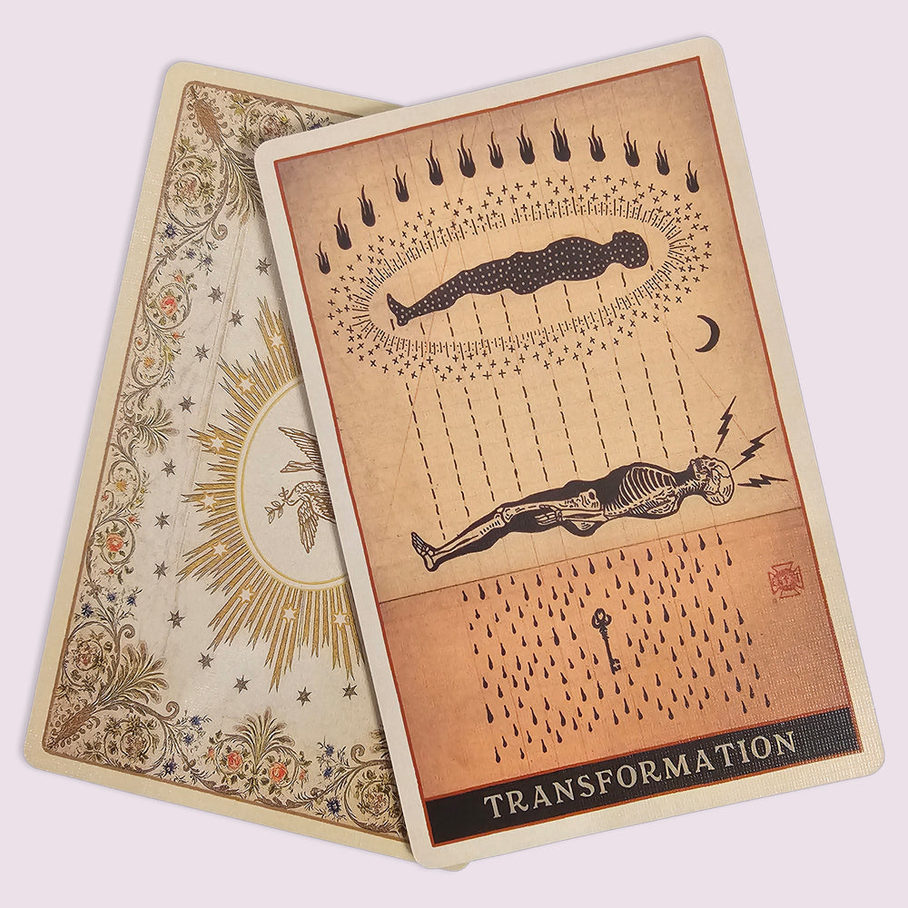 Codex The Art of Divination “Transformation” card showing mirrored skeletal figures with celestial and lightning motifs