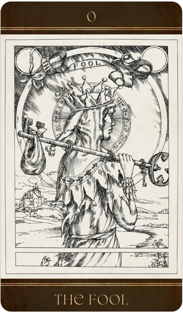 The Fool Tarot Card from the Baddeley Tarot Set: a Young person dressed in simple jester like clothing embarks on a Journey.  over his shoulder he is holding a large Key with all of his belongings tied up in a bag