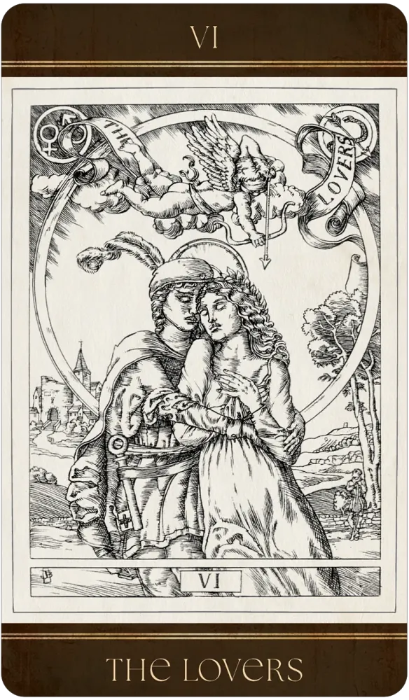 The Lovers Tarot Card from the Baddeley Tarot Set: a Renaissance styled Man and Woman in an intimate embrace