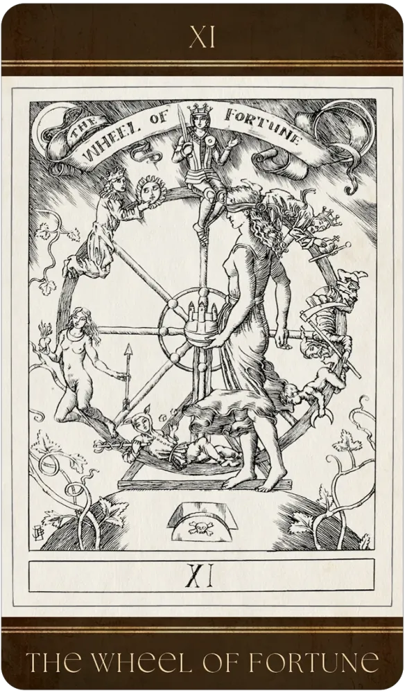 The Wheel of Fortune Tarot Card from the Baddeley Tarot Set: a Large Wheel floats in the sky with various Renascence figures holding on as it truns.