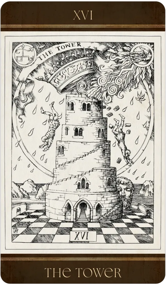 The Tower Tarot Card from the Baddeley Tarot Set: A Medieval Tower being struck by lighting causing destruction.  