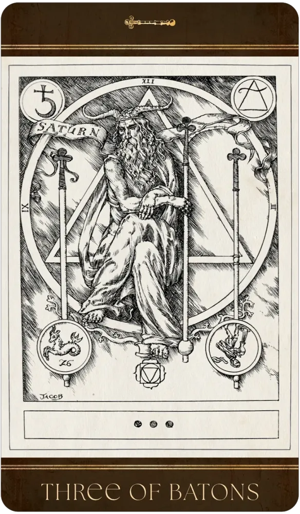 The Three of Batons Tarot Card from the Baddeley Tarot Set: An older man with longhair and beard sits in the middle of a triangle and circle. The work "Saturn" appears in the image.