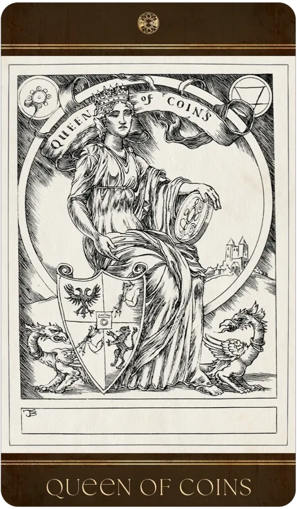 The Queen of Coins Tarot Card from the Baddeley Tarot Set: A Graceful Woman is seated in a circle holding a large coin. Two small Dragons are shown at the bottom of the card