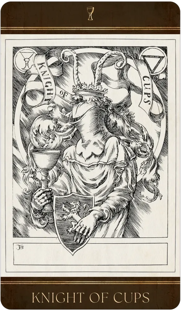 The Knight of Cups Tarot Card from the Baddeley Tarot Card Set: A medieval Knight holding a Cup and Shield 