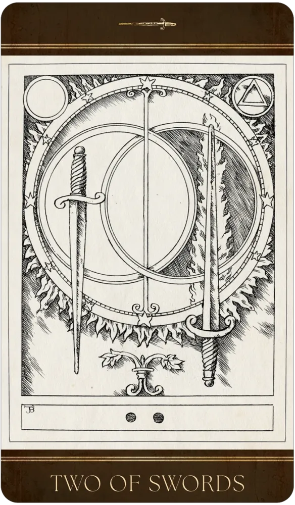 The Two of swords Tarot Card from the Baddeley Tarot Set: Two intersecting circles, sitting inside a larger circle from a Mandorlas. Two swords float above this background. One sord is extruding flames.
