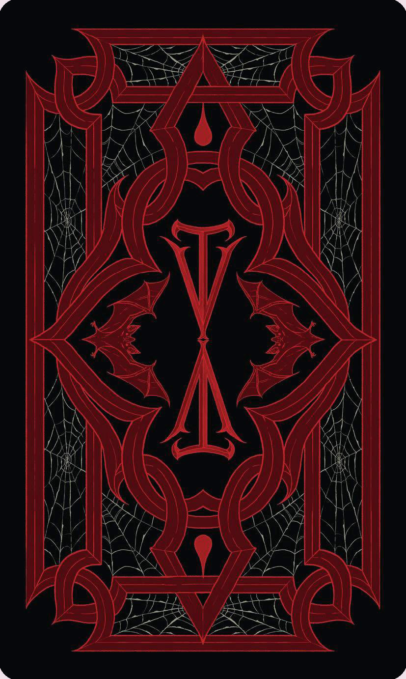 Card back from The Vampire’s Tale Tarot with red bats, spiderwebs, and gothic ornamentation