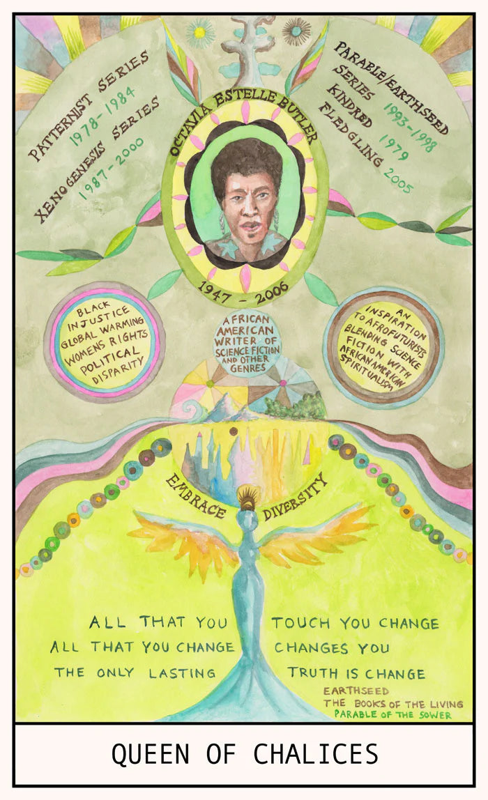 HEXEN 5.0 Queen of Chalices card featuring Octavia Butler, exploring themes of change, diversity, and visionary futures in speculative fiction