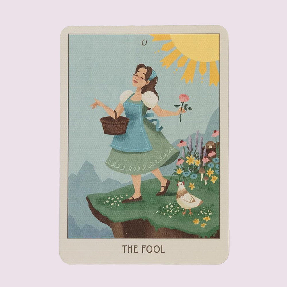 Cottage Magic Tarot The Fool card showing a joyful figure stepping forward with a basket and flower under a bright sun